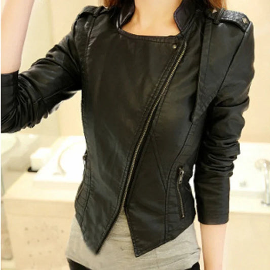 Locomotive PU Leather Short Slim-Fit Stand-Up Collar Rivet Leather Jacket