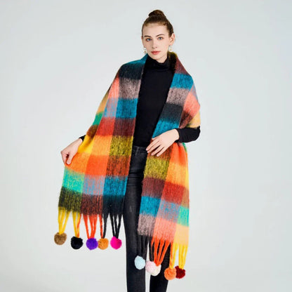 Cashmere Thick Warm Blanket Colorful Plaid with Long Tassels Soft Wrap Scarf