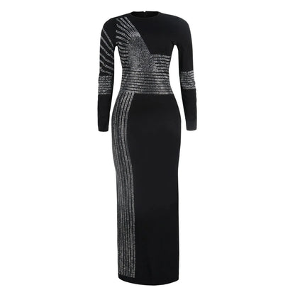 Patchwork Sequin Sheath Skinny High Side Slit O-Neck Long Sleeve Celebrity Bodycon Maxi Lady Vestidos Dress