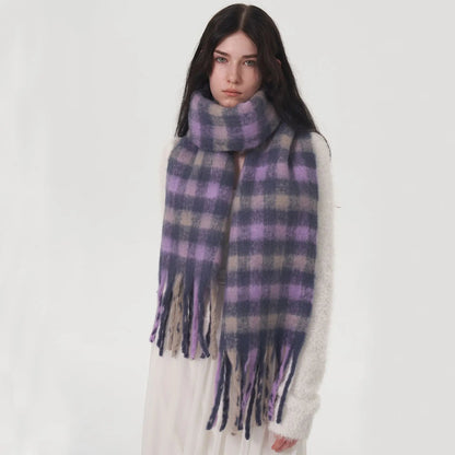 Winter Warm Cashmere Fashion Purple Gray Gradient Plaid Scarf