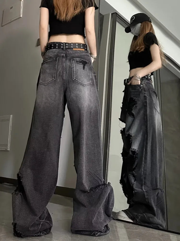 Amy Fashion - High Street Heavy Industry Wide Leg Niche Design Trendy Brand Women's Jean