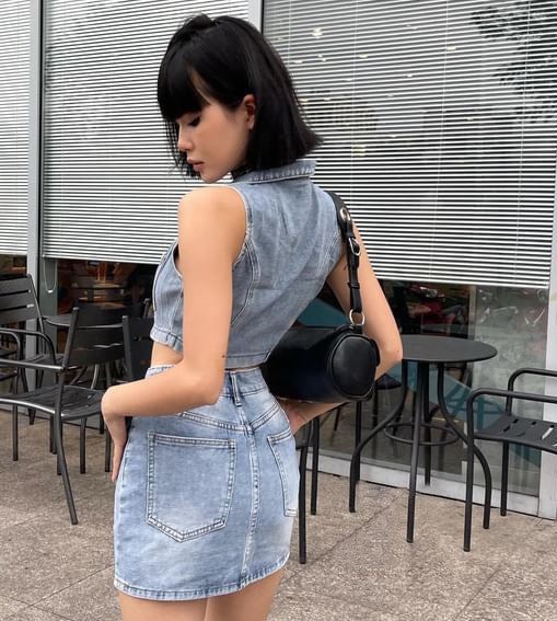 Zipper Sleeveless High Waist Pocket Denim Suit