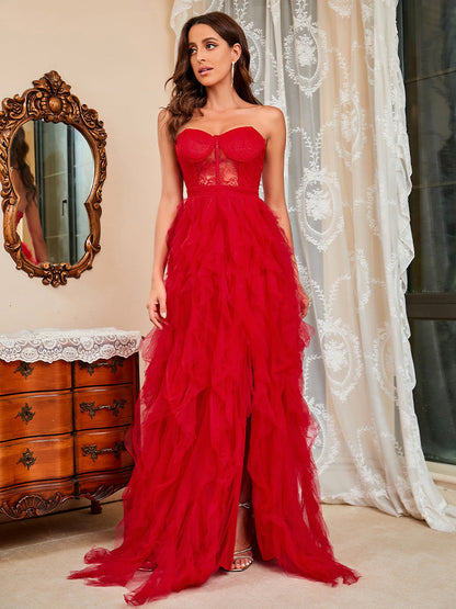 Amy Fashion - Tiered Ruffles High Split Red Formal Women Evening Dress