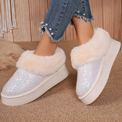 Thick Plush Sequined Plus Size  Autumn Winter New Women's Snow Boots Shoes