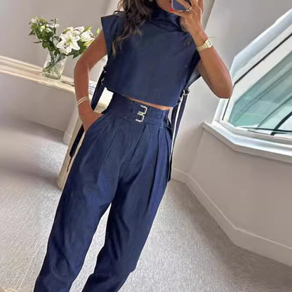 Casual Belted High Neck Long Pants Suit