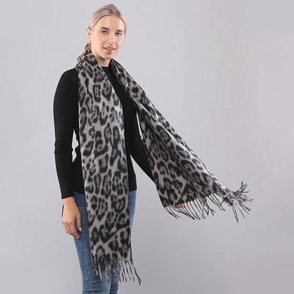 Autumn Winter Long Leopard Print Fringe Double-Sided Thick Warm Cozy Scarf