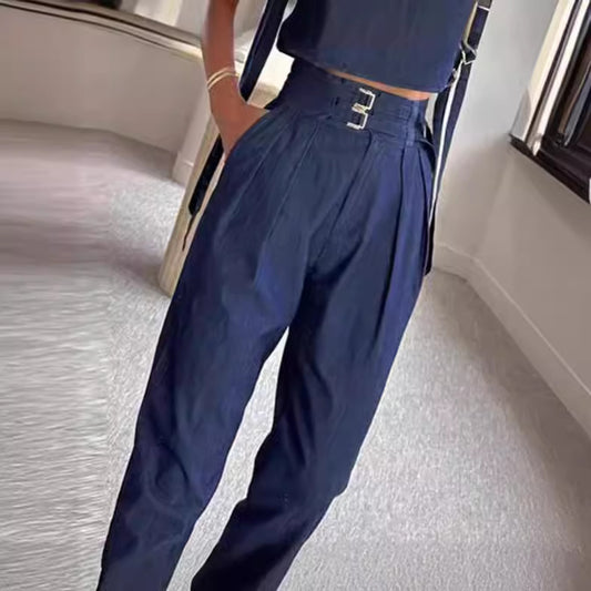 Casual Belted High Neck Long Pants Suit