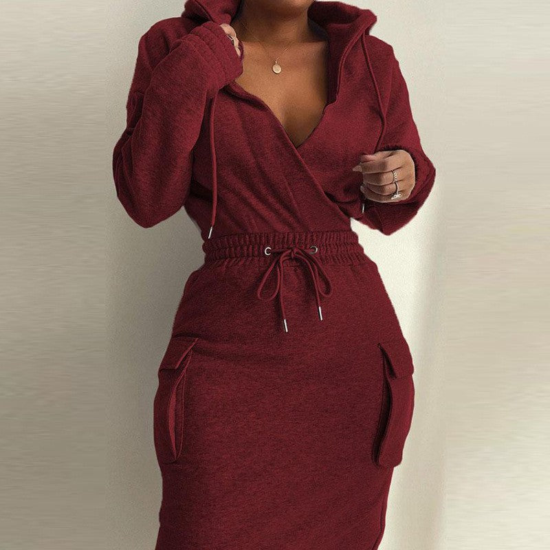 Solid Hooded Drawstring Tight Skirt Suit