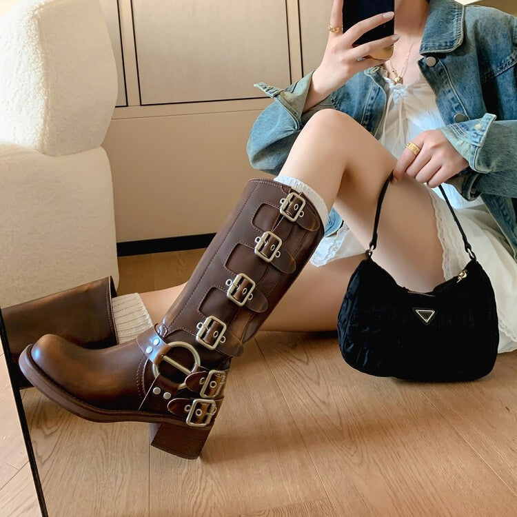 Chunky Heel Brown Martin Boots Metal Decorated Long Tube Rider Spring Autumn 2024 Women's Shoes