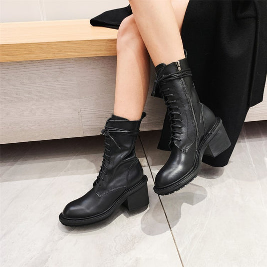 Vintage Petite Mid Heel Lace-Up Ankle Denim Short Autumn Winter Martin Boots Shoes