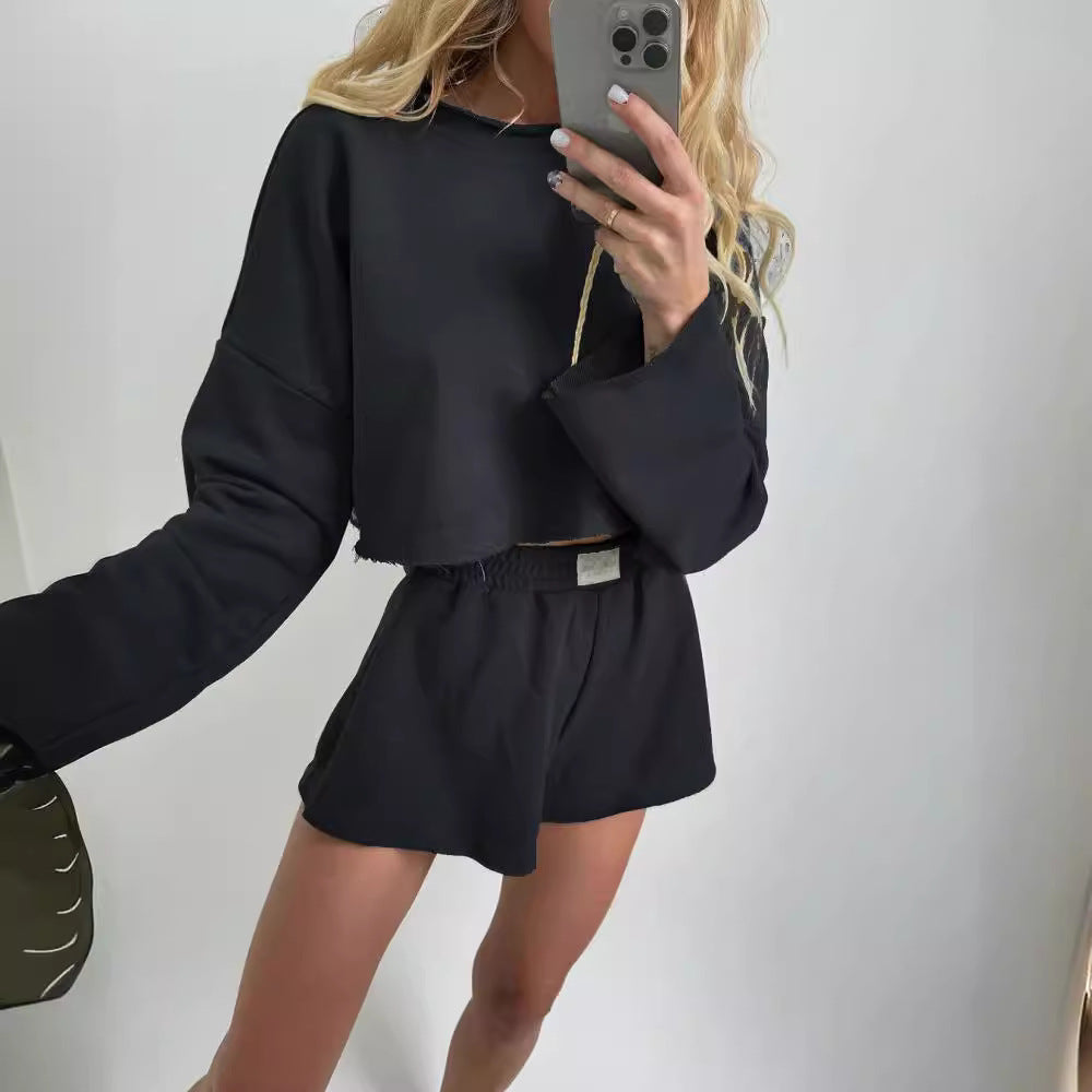 Knitted Long Sleeve Hoodie Shorts Jogger Suit