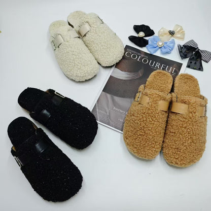 New Fleece Fur Buckle Sandals Closed Toe Half Slippers Autumn Winter Women's Shoes