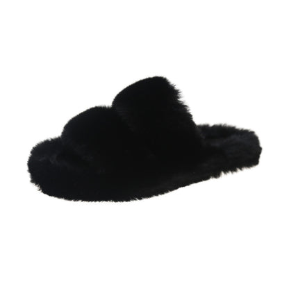 Thick Sole Cross Strap Fur Slippers Soft Sole Autumn Winter 2024 New Women's Home Cotton Sample Shoes