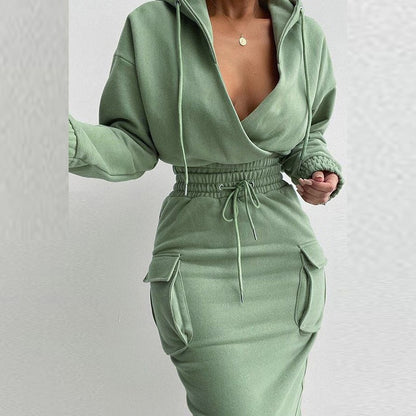 Solid Hooded Drawstring Tight Skirt Suit