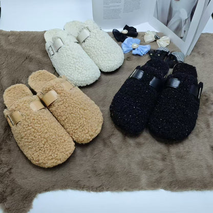 New Fleece Fur Buckle Sandals Closed Toe Half Slippers Autumn Winter Women's Shoes