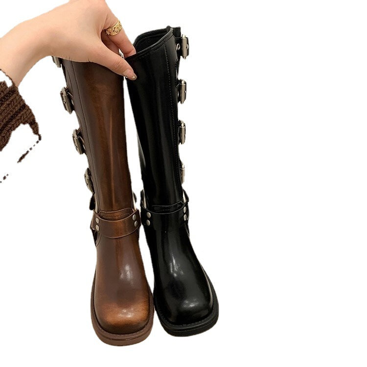 Chunky Heel Brown Martin Boots Metal Decorated Long Tube Rider Spring Autumn 2024 Women's Shoes