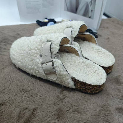 New Fleece Fur Buckle Sandals Closed Toe Half Slippers Autumn Winter Women's Shoes