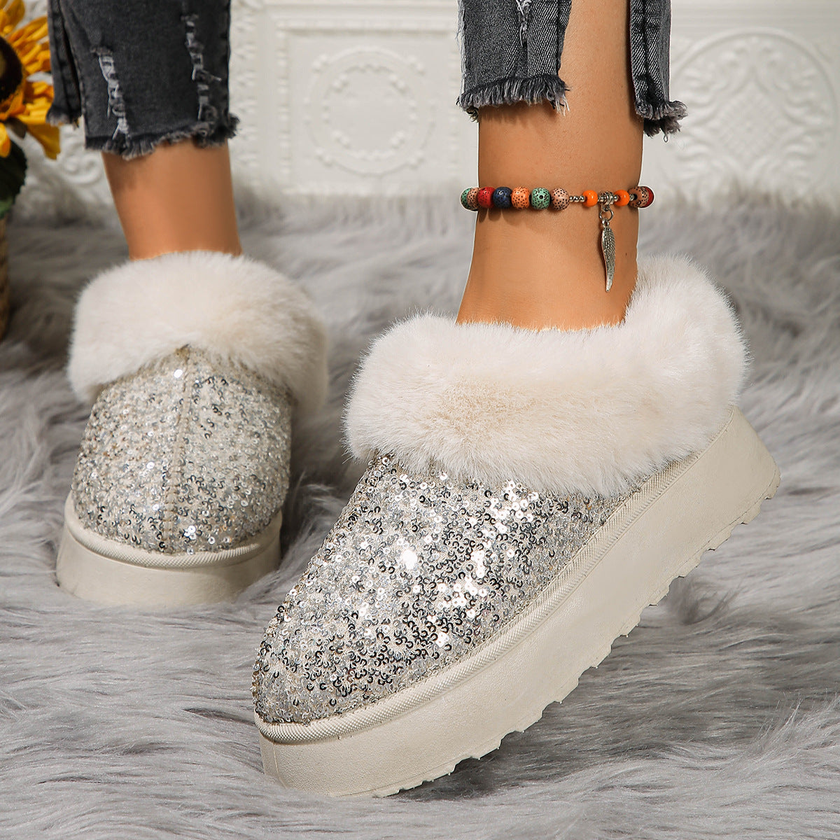 Thick Plush Sequined Bread Plus Size  Women's Autumn Winter New Snow Boots Shoes