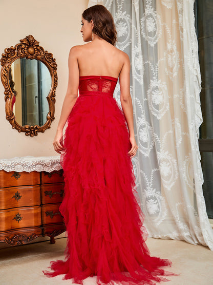 Amy Fashion - Tiered Ruffles High Split Red Formal Women Evening Dress