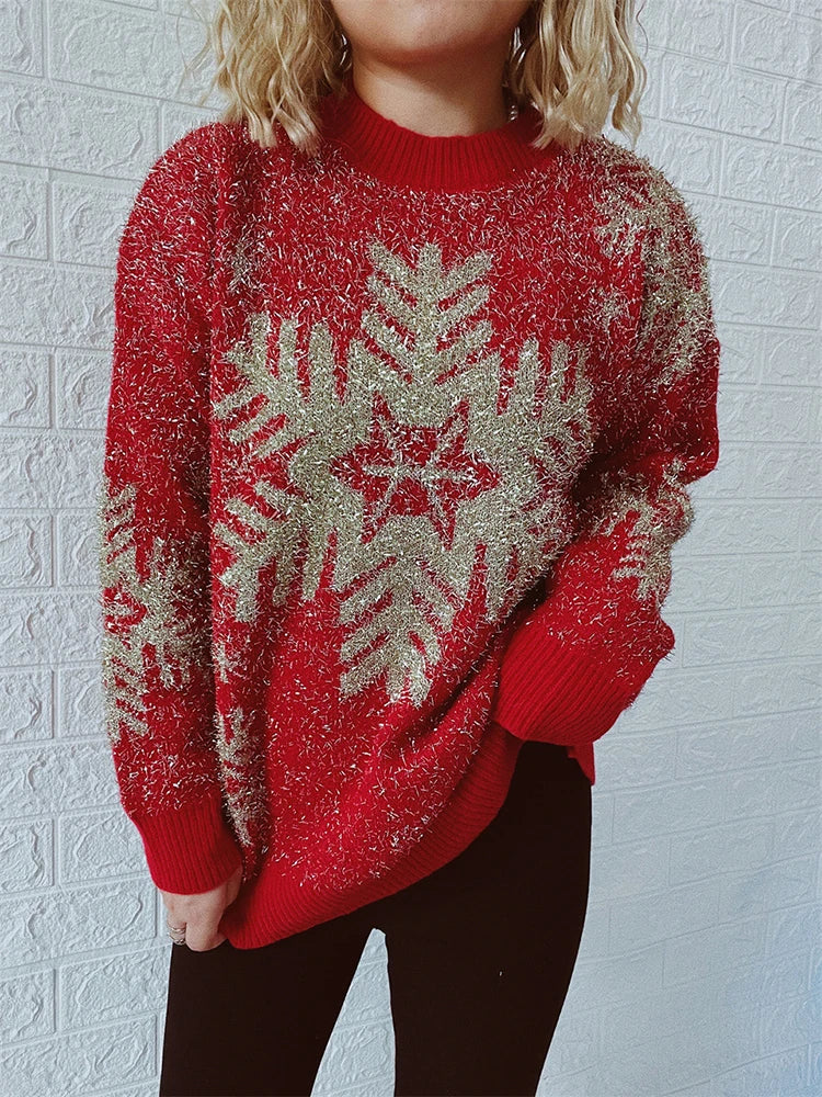 Shiny Loose O-Neck Christmas Sweater - Autumn/Winter Fashion