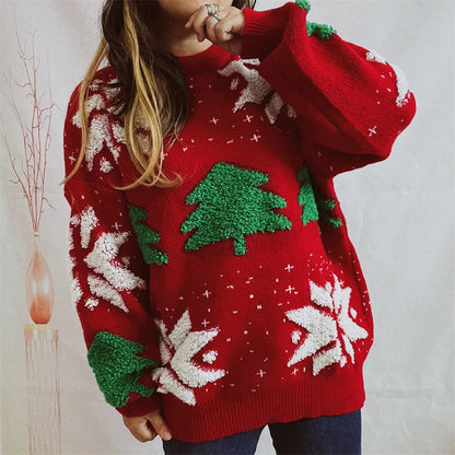 Green Tree Embroidery Knitted Pullover Casual Loose Retro Christmas Sweater