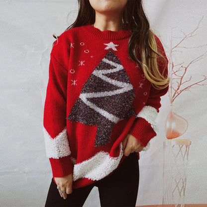 Gold Thread Flocked Round Neck Long Sleeved Loose Knit Pullover Christmas Sweater