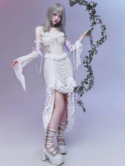 Lace Strap Light Summer Party Gothic Sleeve Lolita Evening Rope Flying Dress Stiletto Asymmetric White