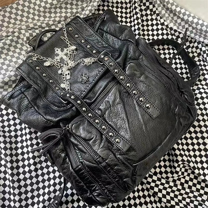 Backpack Leather Girls Y2K Gothic Style Korean Skull Soft Cross Punk Bag Chain