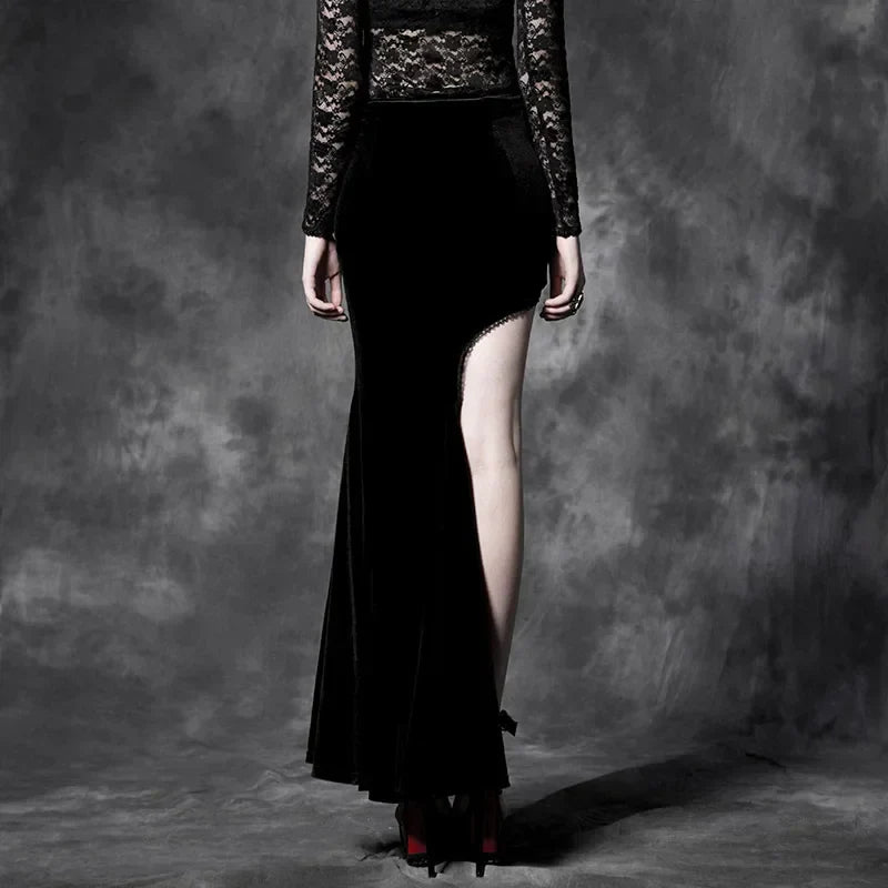 Embroidery Velvet Maxi Gothic Long Skirt Style Cheongsam Split Black Asymmetric Sexy