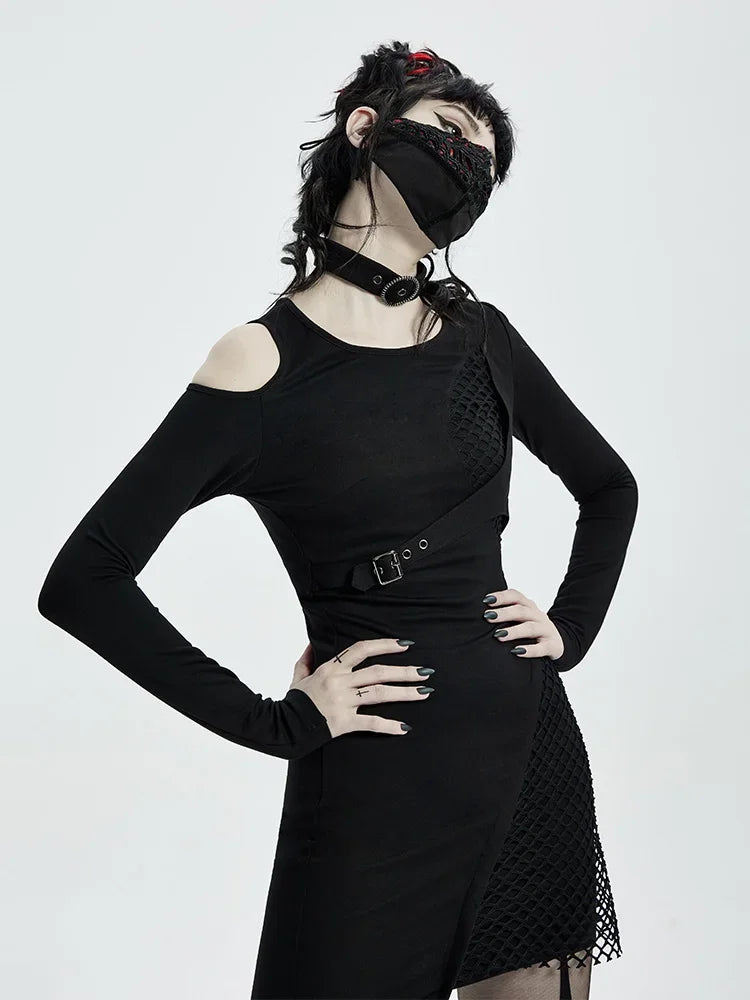 Long Sleeve Collar Removable Shoulder Hollow Elastic Knitted Stitching Diamond Mesh Metal Gothic Dress