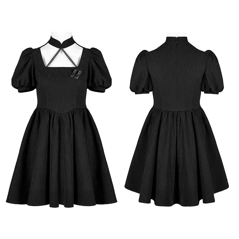 Chinese Style Puff Sleeve Dark Pattern Jacquard Playful Age-reducing Club Youth Black Gothic Dress