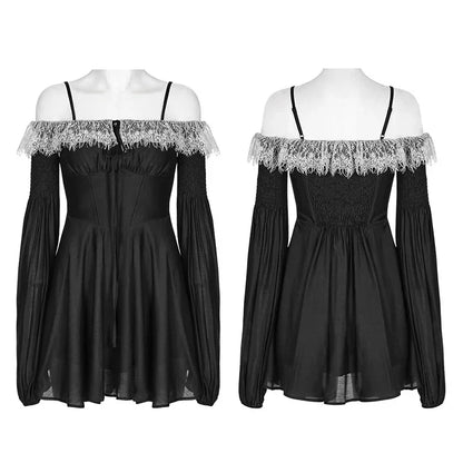 Off Shoulder Lace Edge Court Long Sleeve Collect Waist Neck Bands Sexy  Gothic Dress