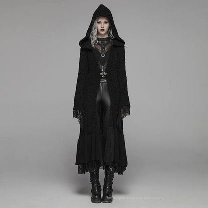 Gothic Retro Black Long Hooded Woolen Costume Halloween Warm Cozy Stylish Cardigan