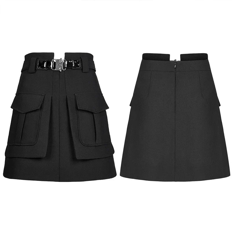 Women Half Line Mini Buckle Decoration Waist Personality Collect Functional Women's Black Skirt Casual A