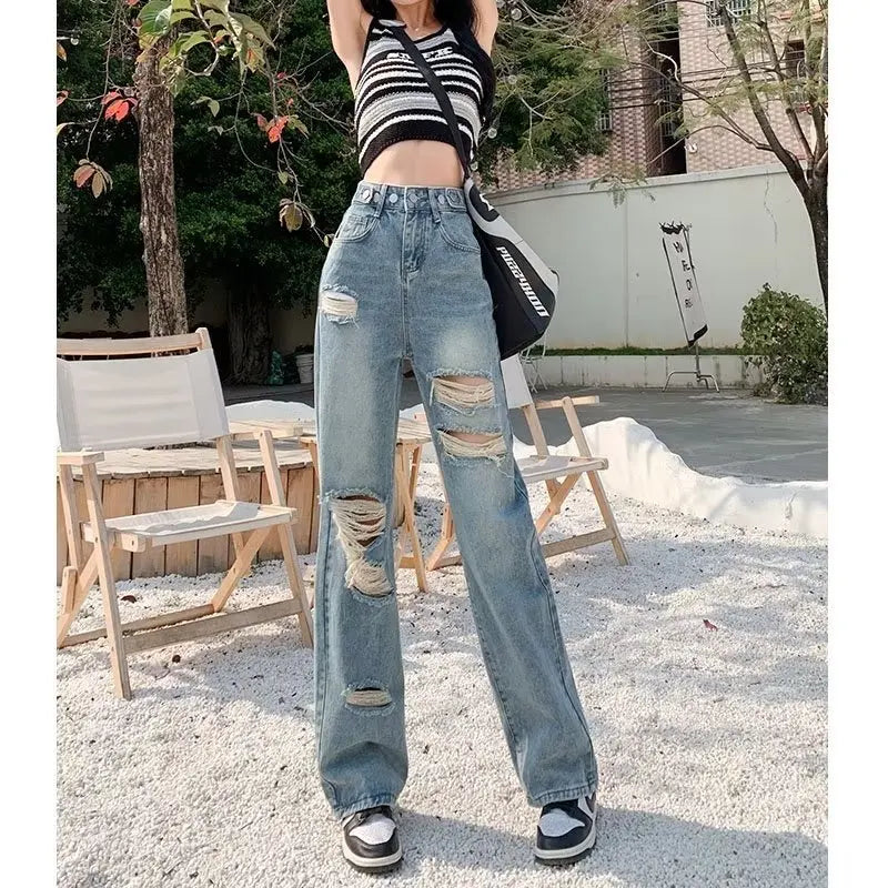 Amy Fashion - Perforated Jean Pear-Shaped Figure High Waist Straight Tube Loose Fitting Wide Leg Pants Small Stature Thin Summer Style Jean