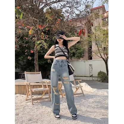 Amy Fashion - Perforated Jean Pear-Shaped Figure High Waist Straight Tube Loose Fitting Wide Leg Pants Small Stature Thin Summer Style Jean