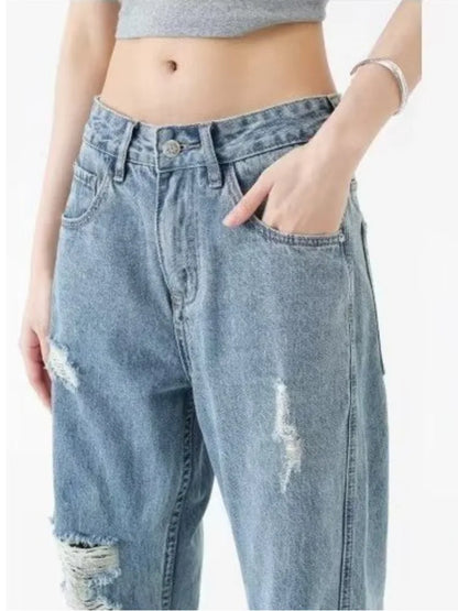 Amy Fashion - Perforated Jean Summer Thin High Street Trendy Brand Handsome And Loose Fitting Straight Casual Sports Pants Women's Jean