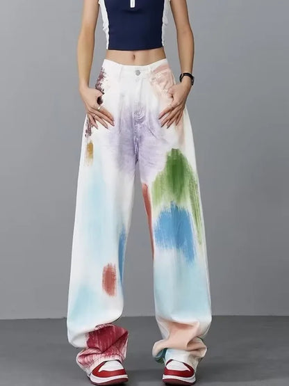 Amy Fashion - Personalized Graffiti High Waist Slim Hand-painted Painted Trendy Loose Straight Wide Leg Casual Jean