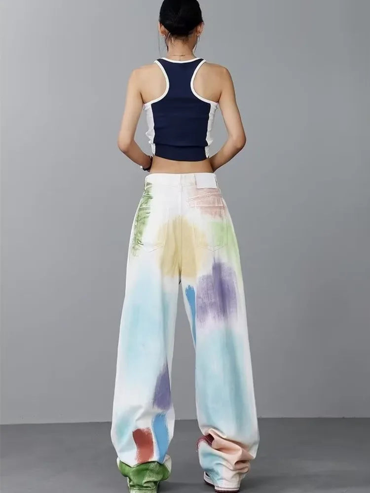 Amy Fashion - Personalized Graffiti High Waist Slim Hand-painted Painted Trendy Loose Straight Wide Leg Casual Jean