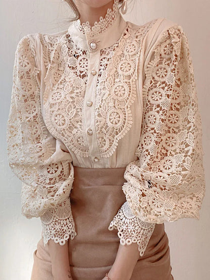 Petal Sleeve Hollow Out Flower Lace Patchwork Blouse