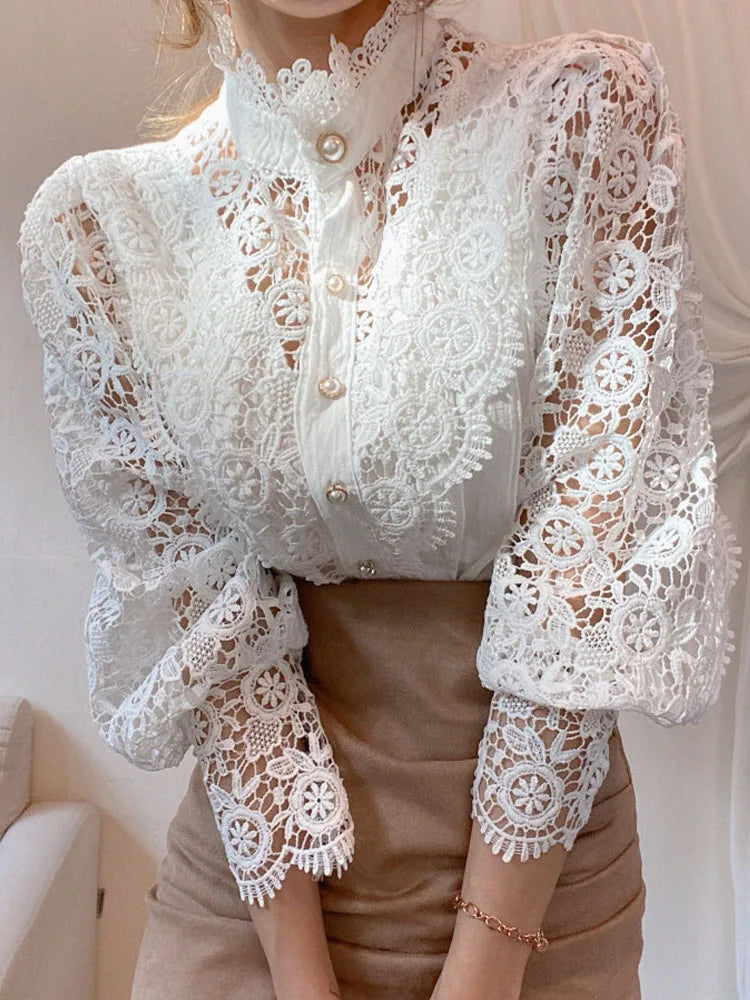 Petal Sleeve Hollow Out Flower Lace Patchwork Blouse