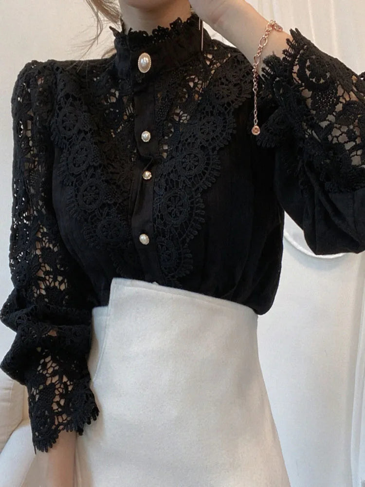 Petal Sleeve Hollow Out Flower Lace Patchwork Blouse