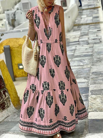 Amy Fashion - Printed Deep V Neck Loose Casual Sleeveless Party Dresses