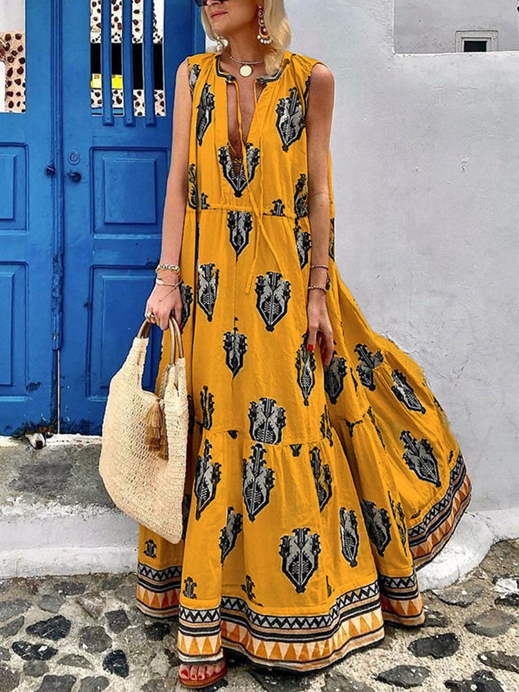 Amy Fashion - Printed Deep V Neck Loose Casual Sleeveless Party Dresses