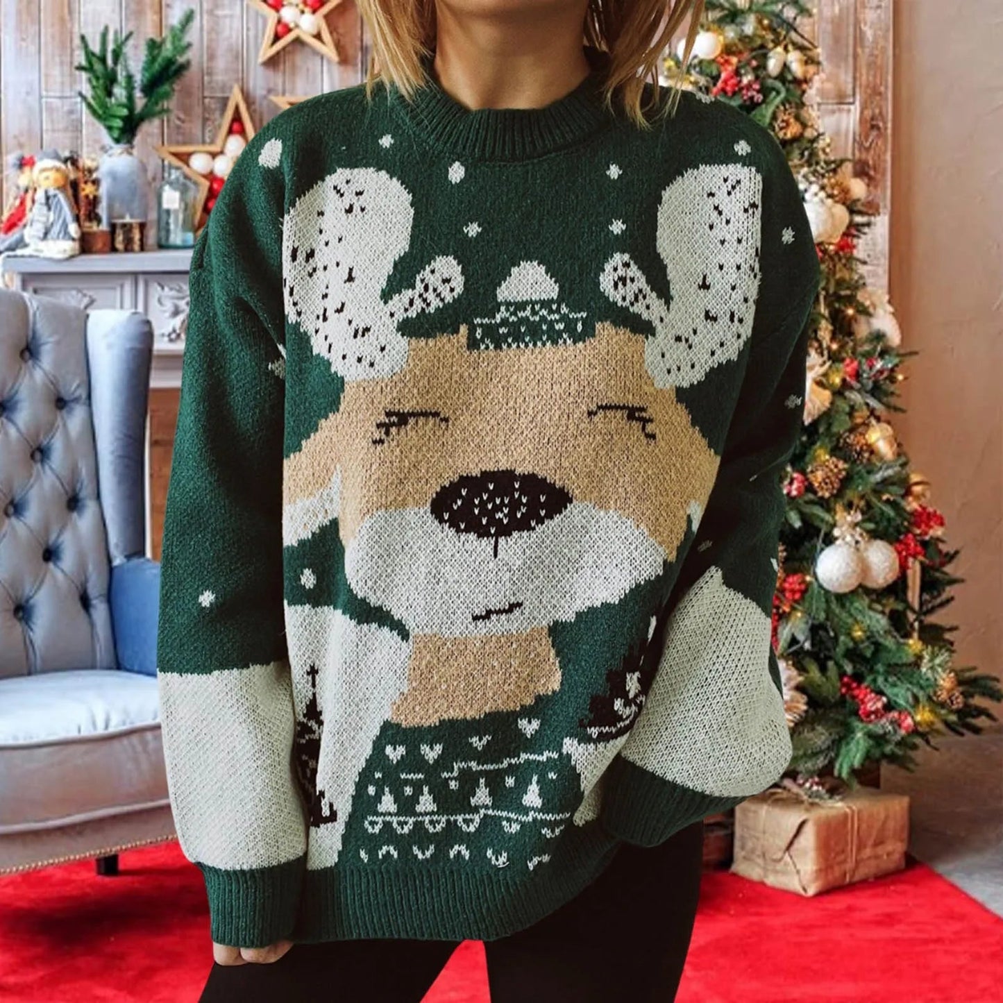 Elk Snowflake Pattern Christmas Sweater - Long Sleeve Loose Knit