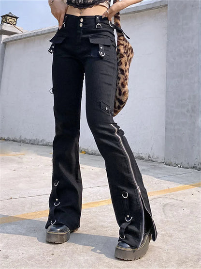 Punk Cargo Y2K Pants Zipper Rivets Leggings Pants Black Techwear