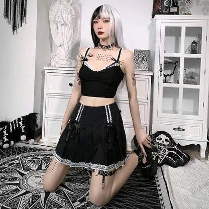 Dark Bust Harajuku Skirt Lolita Fashion Goth Wind Contrast Korean Black Lace Gothic Pleated