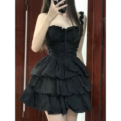 Fashion Cake Hrajuku Y2K Kawaii Soft Ruffles Charming Black Party 2024 Lolita Coquette Goth Dress Short Girl