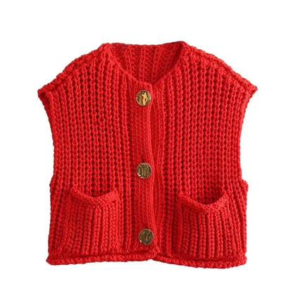 Red Sleeveless Sexy Single Breasted Vest Fashion Casual Sweater