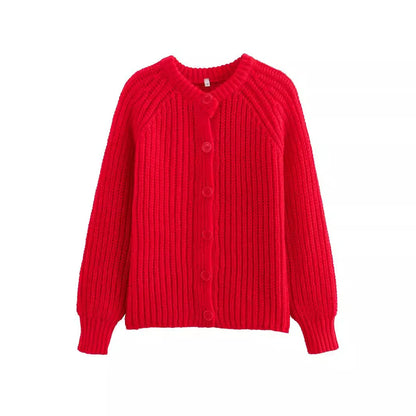 Red Christmas Sweater - Short Cardigan with Round Neck and Long Sleeves